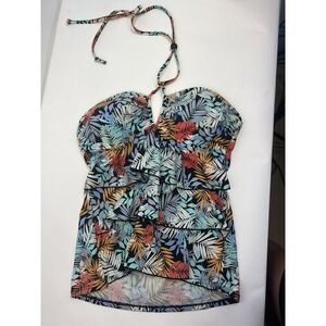 A Shore Fit Tankini Swimsuit Women's Size 14 Tropical Multicolor V-Neck with Tie